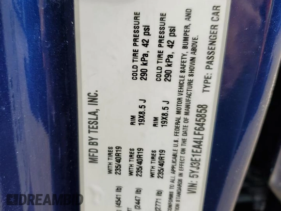 2020 Tesla Model 3 Standard Range Plus with VIN 5YJ3E1EA4LF645858, listed as a Copart auction lot 55291565 with 23,080 mi miles and Clean Title. Bid and sale history available at DreamBid. Image 12.