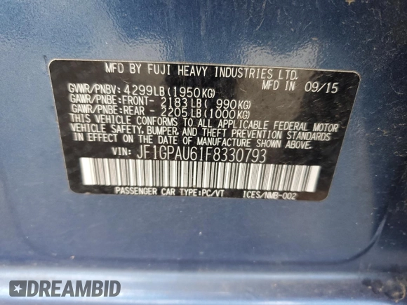 2015 Subaru Impreza Special Sports Premium с VIN JF1GPAU61F8330793, выставлен на аукционе Copart как лот 48900295 с пробегом 115 632 миль миль и Списание • Salvage title. История ставок и продаж доступна на DreamBid. Изображение 12.