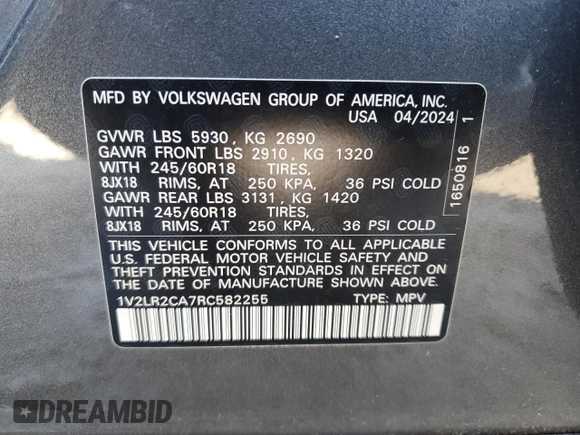 2024 Volkswagen Atlas SE с VIN 1V2LR2CA7RC582255, выставлен на аукционе Copart как лот 51479685 с пробегом 4 259 миль миль и Списание • Salvage title. История ставок и продаж доступна на DreamBid. Изображение 14.