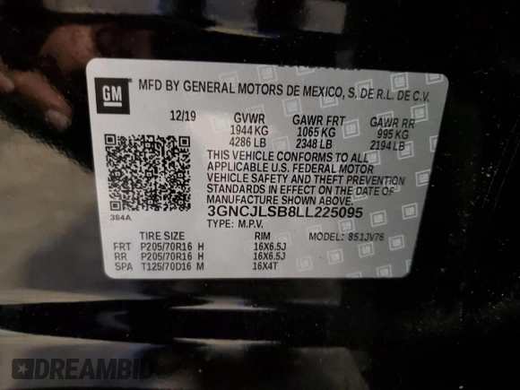 2020 Chevrolet Trax LT with VIN 3GNCJLSB8LL225095, listed as a Copart auction lot 55037785 with 38,443 mi miles and Salvage Title. Bid and sale history available at DreamBid. Image 12.
