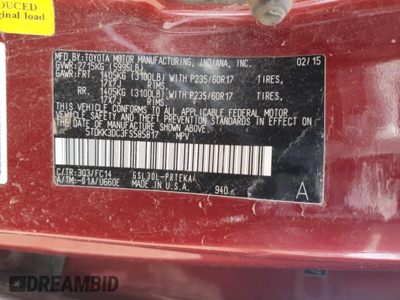2015 Toyota Sienna LE AAS with VIN 5TDKK3DC3FS585817, listed as a Copart auction lot 52002925 with Not provided miles and Salvage title. Bid and sale history available at DreamBid. Image 14.