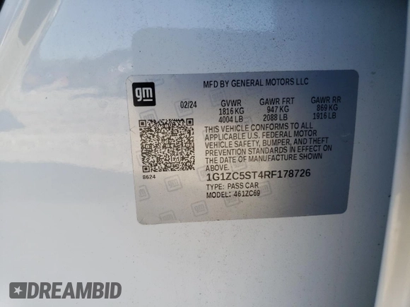 2024 Chevrolet Malibu LS with VIN 1G1ZC5ST4RF178726, listed as a Copart auction lot 47872525 with 20,588 mi miles and Salvage Title. Bid and sale history available at DreamBid. Image 12.