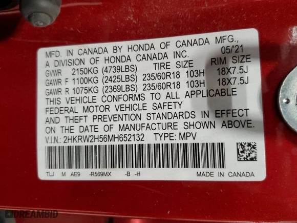 2021 Honda CR-V EX with VIN 2HKRW2H56MH652132, listed as a Copart auction lot 52621955 with 59,403 mi miles and Salvage Title. Bid and sale history available at carsss.com. Image 13.