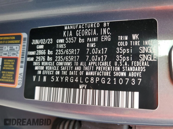 2023 Kia Sorento LX with VIN 5XYRG4LC8PG210737, listed as a Copart auction lot 43725585 with 22,588 mi miles and Salvage Title. Bid and sale history available at DreamBid. Image 13.