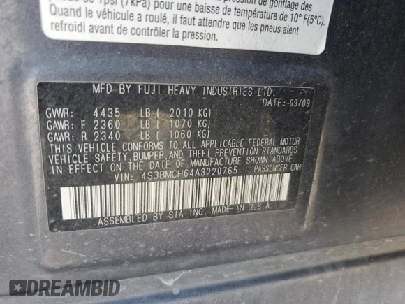 2010 Subaru Legacy Premium All-Weather Anniversary with VIN 4S3BMCH64A3220765, listed as a Copart auction lot 61484345 with 176,834 mi miles and Salvage title. Bid and sale history available at DreamBid. Image 12.