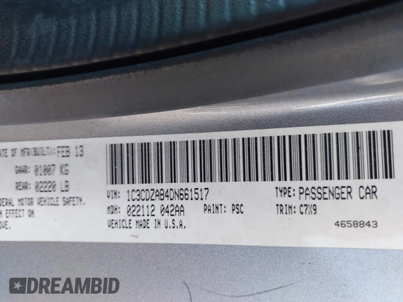 2013 Dodge Avenger with VIN 1C3CDZAB4DN661517, listed as a IAAI auction lot 41886529 with 141,596 mi miles and . Bid and sale history available at DreamBid. Image 9.