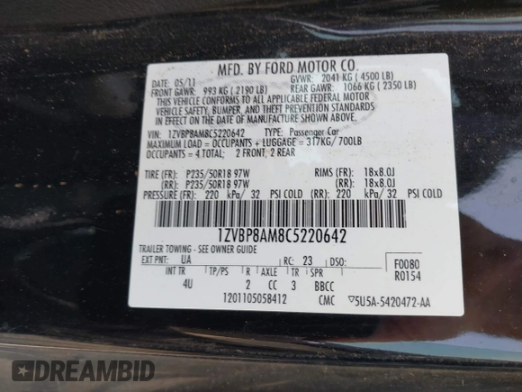 2012 Ford Mustang V6 Premium with VIN 1ZVBP8AM8C5220642, listed as a IAAI auction lot 42110826 with 106,322 mi miles. Bid and sale history available at carsss.com. Image 9.