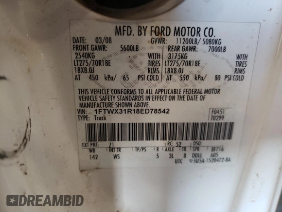 2008 Ford F-350 XL with VIN 1FTWX31R18ED78542, listed as a Copart auction lot 75205794 with 176,984 mi miles and Salvage Title. Bid and sale history available at DreamBid. Image 12.