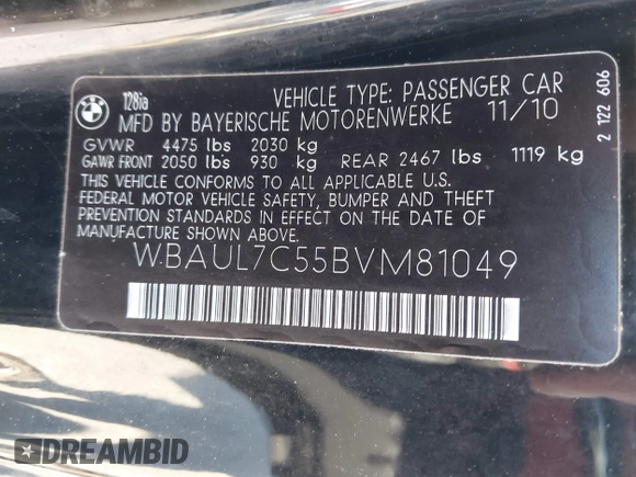 2011 BMW 1 Series 128i with VIN WBAUL7C55BVM81049, listed as a IAAI auction lot 41892811 with 50,659 mi miles and . Bid and sale history available at carsss.com. Image 9.