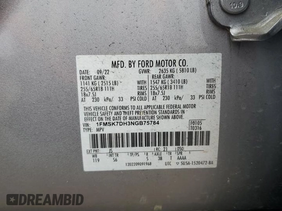 2022 Ford Explorer XLT with VIN 1FMSK7DH3NGB75784, listed as a Copart auction lot 55947905 with 32,622 mi miles and Clean title. Bid and sale history available at DreamBid. Image 13.