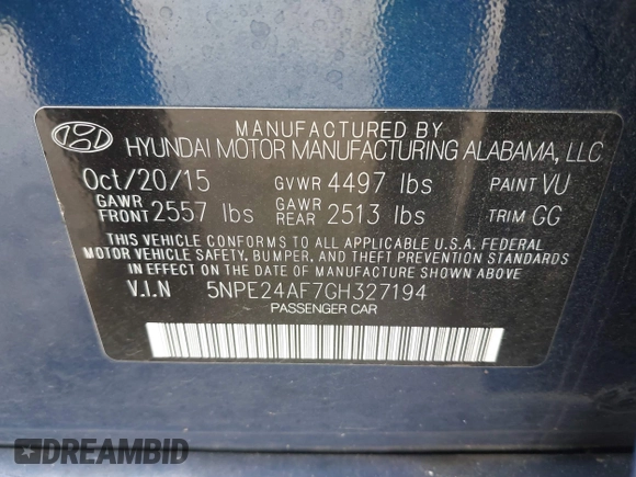 2016 Hyundai Sonata SE z VIN 5NPE24AF7GH327194, wystawiony jako IAAI lot #41393113 z przebiegiem Nie podano mil oraz . Historia ofert i sprzedaży dostępna na DreamBid. Obrazek 9.