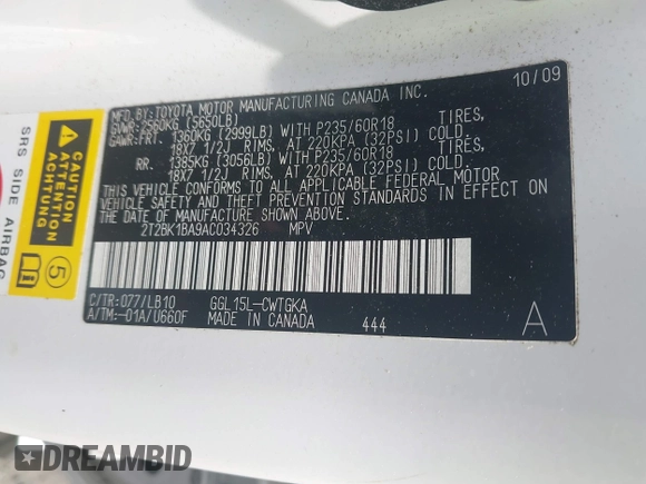 2010 Lexus RX 350 with VIN 2T2BK1BA9AC034326, listed as a IAAI auction lot 42411538 with 147,791 mi miles and . Bid and sale history available at DreamBid. Image 9.