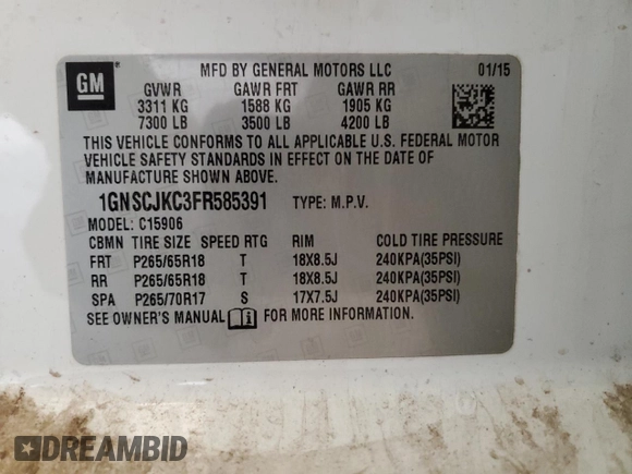2015 Chevrolet Suburban LT z VIN 1GNSCJKC3FR585391, wystawiony jako Copart lot #88498085 z przebiegiem Nie podano mil oraz Szkoda całkowita • Salvage title. Historia ofert i sprzedaży dostępna na DreamBid. Obrazek 13.