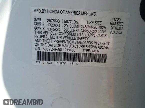 2020 Acura MDX Technology with VIN 5J8YD4H50LL019408, listed as a Copart auction lot 52778605 with 20,393 mi miles and Salvage title. Bid and sale history available at DreamBid. Image 13.