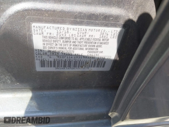 2019 Nissan Sentra S with VIN 3N1AB7AP0KY262079, listed as a IAAI auction lot 42055590 with 102,608 mi miles. Bid and sale history available at carsss.com. Image 9.