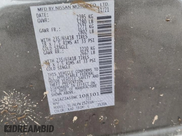2022 Nissan Murano S z VIN 5N1AZ2AS8NC108101, wystawiony jako Copart lot #42792115 z przebiegiem Nie podano mil oraz Szkody całkowita. Historia ofert i sprzedaży dostępna na DreamBid. Obrazek 13.