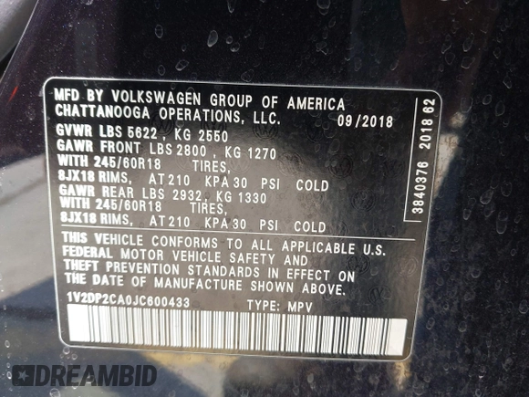 2018 Volkswagen Atlas SE z VIN 1V2DP2CA0JC600433, wystawiony jako IAAI lot #42232714 z przebiegiem 125 124 mil mil oraz . Historia ofert i sprzedaży dostępna na DreamBid. Obrazek 9.