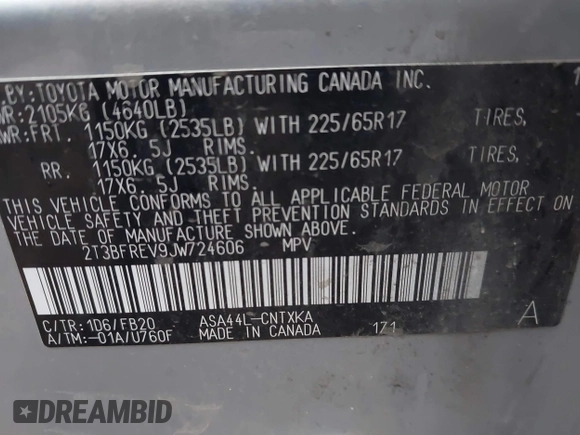 2018 Toyota RAV4 LE with VIN 2T3BFREV9JW724606, listed as a IAAI auction lot 41862028 with 98,590 mi miles. Bid and sale history available at carsss.com. Image 9.