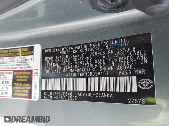 2008 Toyota Camry LE with VIN 4T4BE46K18R028454, listed as a IAAI auction lot 42264751 with 263,988 mi miles and . Bid and sale history available at DreamBid. Image 9.