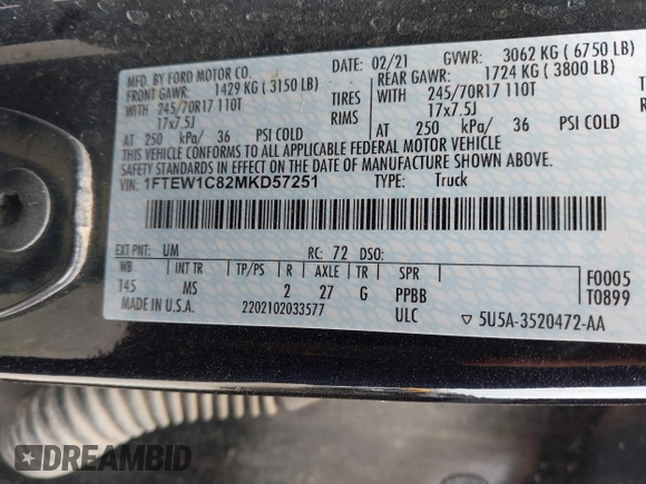 2021 Ford F-150 XL with VIN 1FTEW1C82MKD57251, listed as a IAAI auction lot 41888553 with 75,813 mi miles. Bid and sale history available at carsss.com. Image 7.