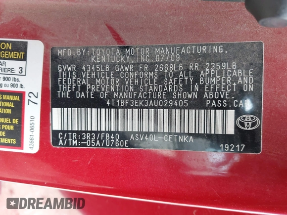 2010 Toyota Camry with VIN 4T1BF3EK3AU029405, listed as a IAAI auction lot 41925588 with 222,333 mi miles and . Bid and sale history available at DreamBid. Image 9.