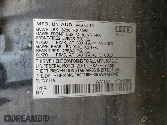 2014 Audi Q7 Premium Plus with VIN WA1LGAFE1ED000987, listed as a Copart auction lot 61852995 with 174,768 mi miles and Non repairable. Bid and sale history available at DreamBid. Image 13.