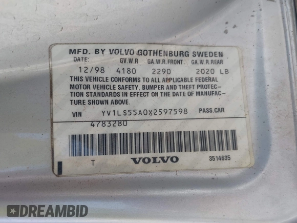 1999 Volvo S70 z VIN YV1LS55A0X2597598, wystawiony jako IAAI lot #42249040 z przebiegiem 280 390 mil mil oraz . Historia ofert i sprzedaży dostępna na DreamBid. Obrazek 9.