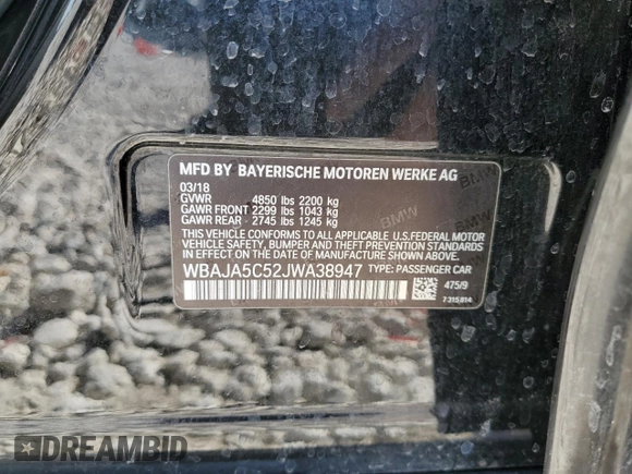 2018 BMW 5 Series 530i z VIN WBAJA5C52JWA38947, wystawiony jako Copart lot #48182405 z przebiegiem Nie podano mil oraz Szkoda całkowita • Salvage title. Historia ofert i sprzedaży dostępna na DreamBid. Obrazek 14.