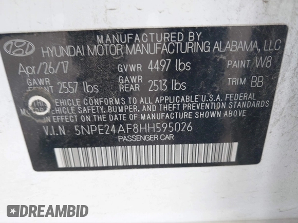 2017 Hyundai Sonata SE with VIN 5NPE24AF8HH595026, listed as a IAAI auction lot 41906112 with 165,519 mi miles. Bid and sale history available at carsss.com. Image 9.