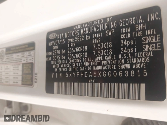 2016 Kia Sorento EX with VIN 5XYPHDA5XGG063815, listed as a IAAI auction lot 42366581 with 164,255 mi miles and . Bid and sale history available at DreamBid. Image 9.