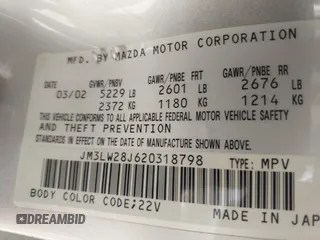 2002 Mazda MPV LX with VIN JM3LW28J620318798, listed as a IAAI auction lot 40579571 with 120,641 mi miles and . Bid and sale history available at DreamBid. Image 9.