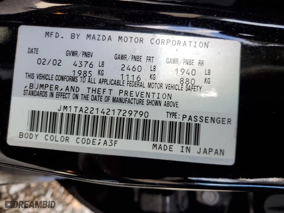 2002 Mazda Millenia with VIN JM1TA221421729790, listed as a Copart auction lot 84460794 with NaN miles and Salvage Title. Bid and sale history available at carsss.com. Image 12.
