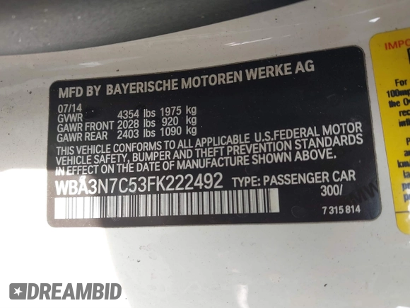 2015 BMW 4 Series 428i with VIN WBA3N7C53FK222492, listed as a IAAI auction lot 41612989 with Not Provided miles. Bid and sale history available at carsss.com. Image 9.