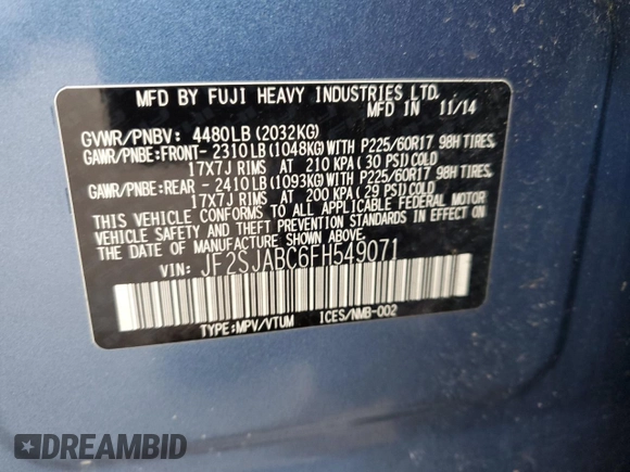 2015 Subaru Forester 2.5i with VIN JF2SJABC6FH549071, listed as a Copart auction lot 58426775 with 129,475 mi miles and Salvage title. Bid and sale history available at DreamBid. Image 13.