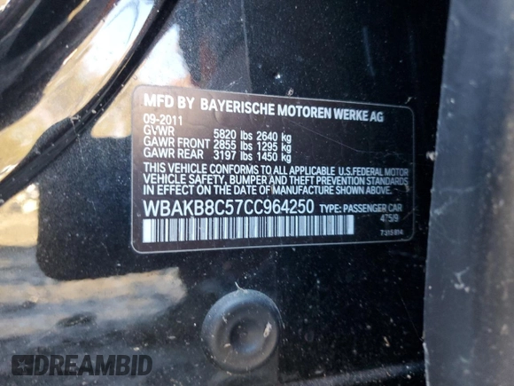 2012 BMW 7 Series 750Li with VIN WBAKB8C57CC964250, listed as a Copart auction lot 41450935 with 56,429 mi miles and Non repairable. Bid and sale history available at DreamBid. Image 12.