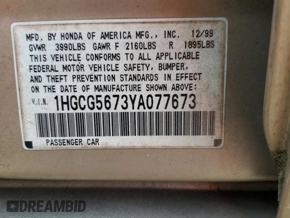 2000 Honda Accord SE with VIN 1HGCG5673YA077673, listed as a Copart auction lot 57555835 with 215,975 mi miles and Non repairable. Bid and sale history available at DreamBid. Image 12.