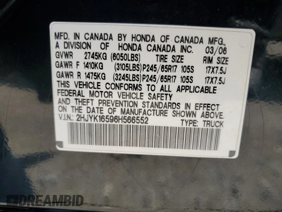 2006 Honda Ridgeline RTL with VIN 2HJYK16596H566552, listed as a Copart auction lot 57516525 with 192,023 mi miles and Salvage Title. Bid and sale history available at DreamBid. Image 12.