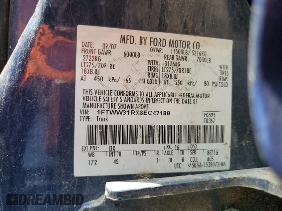 2008 Ford F-350 XL with VIN 1FTWW31RX8EC47189, listed as a Copart auction lot 65020195 with Not provided miles and Clean title. Bid and sale history available at DreamBid. Image 13.