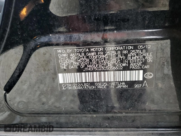 2012 Lexus IS 250 with VIN JTHCF5C23C5058602, listed as a Copart auction lot 50658305 with 127,472 mi miles and Salvage Title. Bid and sale history available at DreamBid. Image 12.