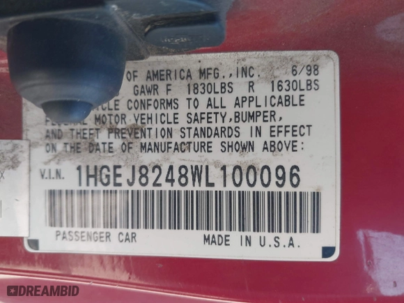1998 Honda Civic EX with VIN 1HGEJ8248WL100096, listed as a IAAI auction lot 41848053 with 229,517 mi miles. Bid and sale history available at carsss.com. Image 9.