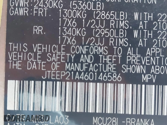 2006 Toyota Highlander w/3rd Row z VIN JTEEP21A460146586, wystawiony jako IAAI lot #42256255 z przebiegiem 198 011 mil mil oraz . Historia ofert i sprzedaży dostępna na DreamBid. Obrazek 9.