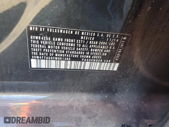 2015 Volkswagen GTI SE with VIN 3VW4T7AU6FM051380, listed as a Copart auction lot 85566824 with 161,716 mi miles and Salvage Title. Bid and sale history available at DreamBid. Image 14.