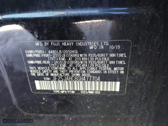 2016 Subaru Forester 2.5i Limited with VIN JF2SJAHC8GH477704, listed as a IAAI auction lot 41684838 with 151,829 mi miles. Bid and sale history available at carsss.com. Image 9.