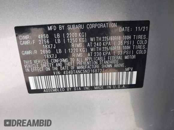 2022 Subaru Outback Limited z VIN 4S4BTANC5N3168727, wystawiony jako IAAI lot #42123174 z przebiegiem 59 621 mil mil oraz . Historia ofert i sprzedaży dostępna na DreamBid. Obrazek 9.