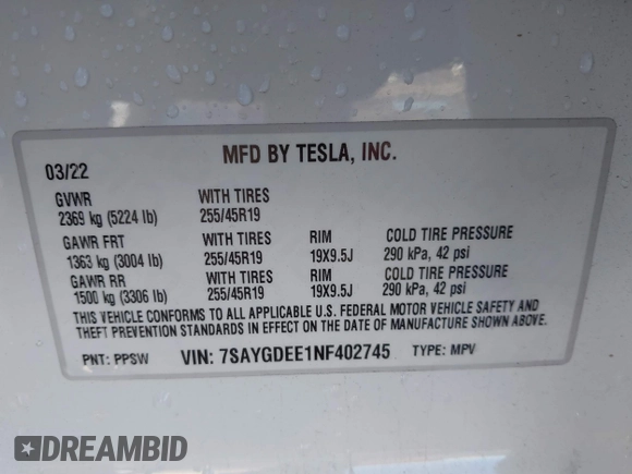 2022 Tesla Model Y Long Range with VIN 7SAYGDEE1NF402745, listed as a IAAI auction lot 41493850 with 11,222 mi miles and . Bid and sale history available at DreamBid. Image 9.
