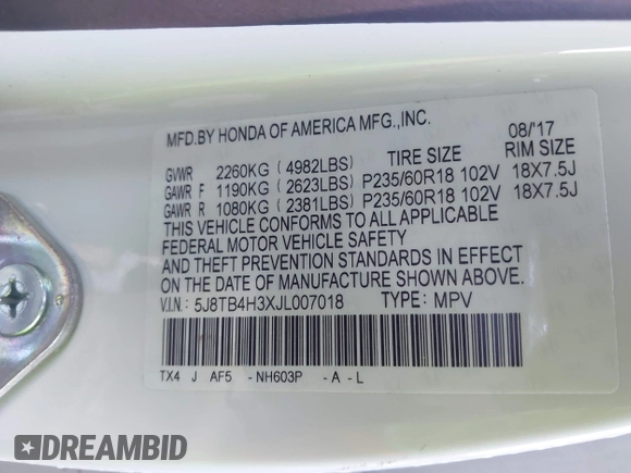 2018 Acura RDX with VIN 5J8TB4H3XJL007018, listed as a IAAI auction lot 40980555 with 83,792 mi miles. Bid and sale history available at carsss.com. Image 9.