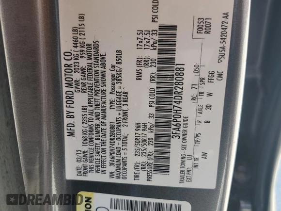 2013 Ford Fusion SE with VIN 3FA6P0H74DR280881, listed as a Copart auction lot 52797455 with 157,110 mi miles and Clean title. Bid and sale history available at DreamBid. Image 14.