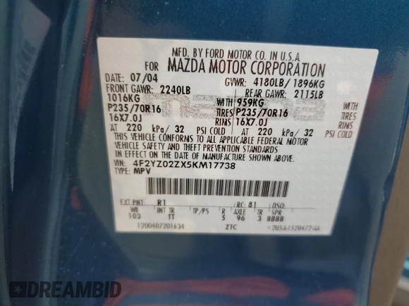 2005 Mazda Tribute i with VIN 4F2YZ02ZX5KM17738, listed as a Copart auction lot 72346384 with 203,245 mi miles and Salvage Title. Bid and sale history available at carsss.com. Image 13.