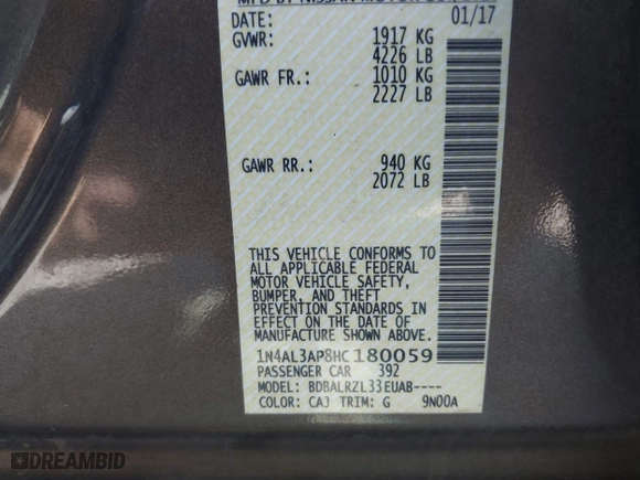 2017 Nissan Altima 2.5 SR with VIN 1N4AL3AP8HC180059, listed as a IAAI auction lot 42075133 with 197,955 mi miles. Bid and sale history available at carsss.com. Image 9.