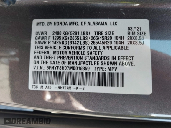 2021 Honda Passport Elite with VIN 5FNYF8H07MB018359, listed as a IAAI auction lot 41834413 with 28,278 mi miles and . Bid and sale history available at DreamBid. Image 9.